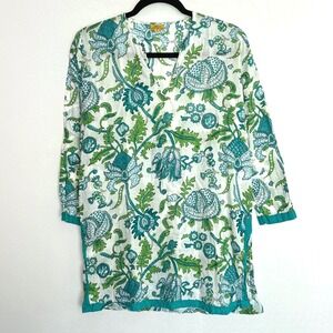 Roberta Roller Rabbit Tunic Top‎ Floral Paisley Sheer White Green Blue Small